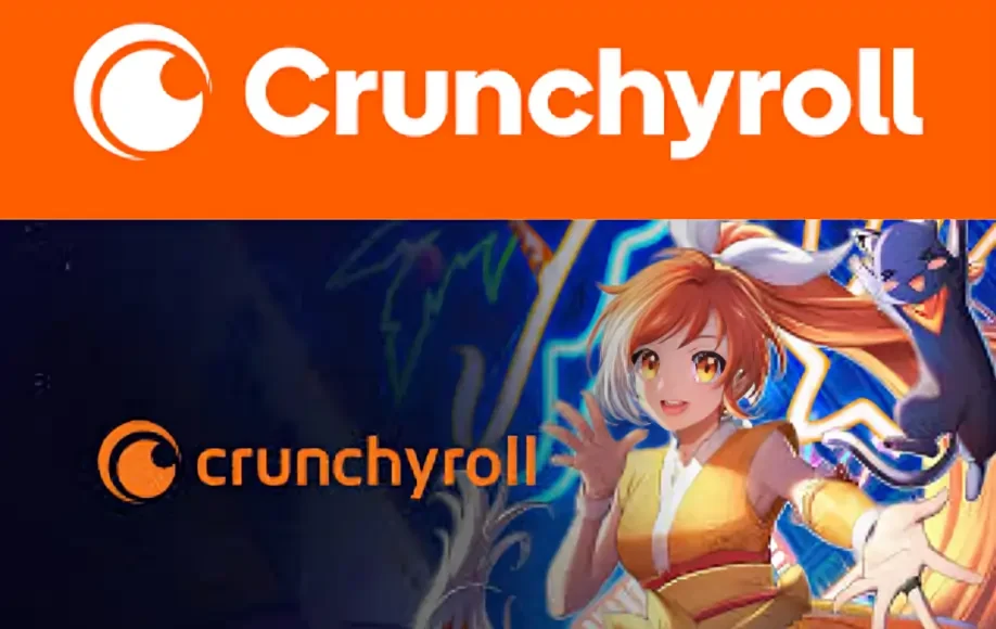 Crunchyroll logo with anime-style girl and cat character in vibrant colors promoting streaming service for anime fans.