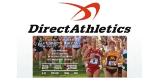 Direct Athletics homepage showing athlete event tools, race results, and sports management for track, XC, and swimming.
