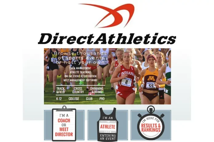 Direct Athletics homepage showing athlete event tools, race results, and sports management for track, XC, and swimming.