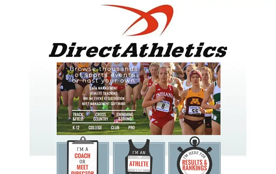 Direct Athletics homepage showing athlete event tools, race results, and sports management for track, XC, and swimming.