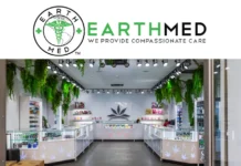 EarthMed McHenry Review | Trusted, Safe & Top-Rated EarthMed McHenry dispensary interior with bright lights, green plants, glass display cases, and a leaf logo on the wall.