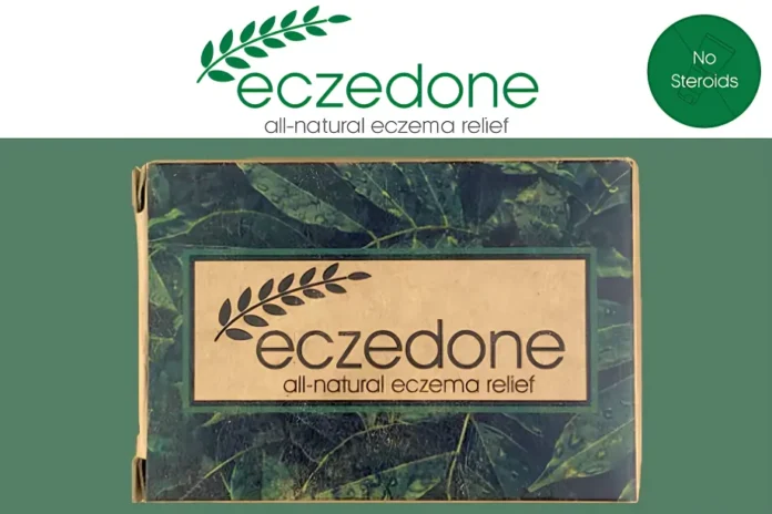 Product packaging for Eczedone, an all-natural eczema relief, features a green leaf design and a label stating 