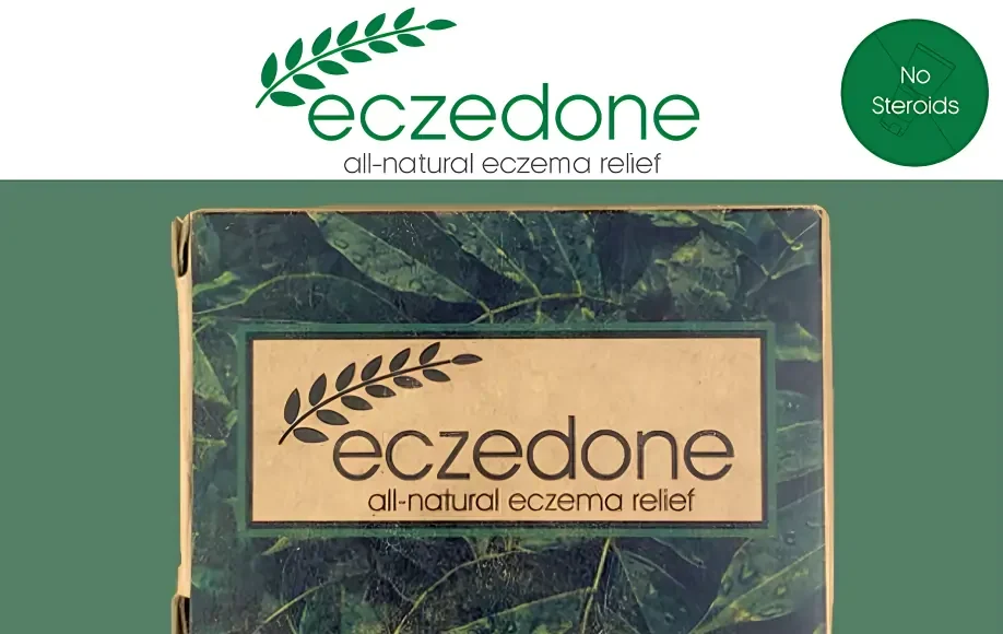 Product packaging for Eczedone, an all-natural eczema relief, features a green leaf design and a label stating 
