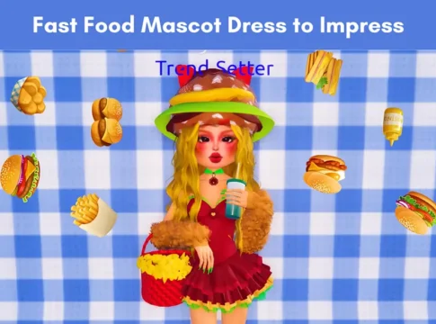 Fast Food Mascot Dress to Impress character wearing burger hat, red dress, holding drink with fries and burgers floating around.