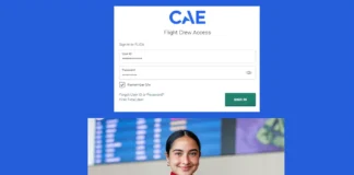 Flica Net login screen for CAE flight crew access shown above a smiling flight attendant at an airport terminal.