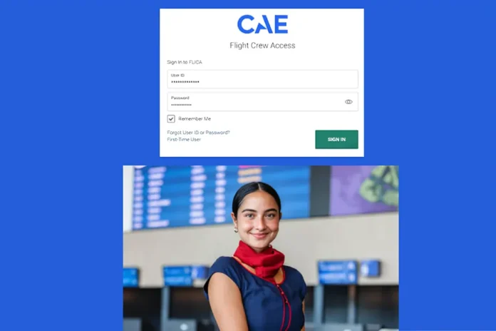 Flica Net login screen for CAE flight crew access shown above a smiling flight attendant at an airport terminal.