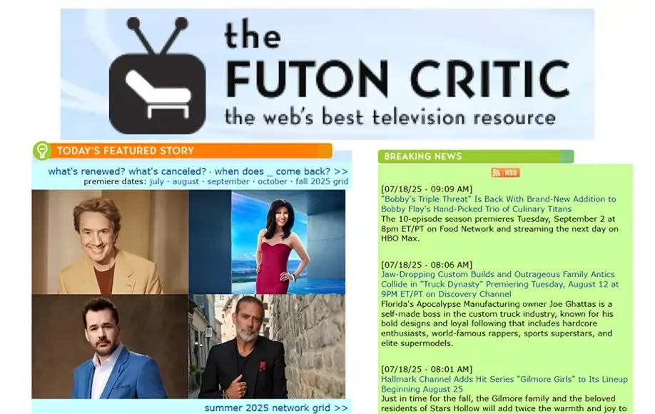 Futon Critic homepage featuring TV news, renewals, cancellations, and summer 2025 premiere updates.
