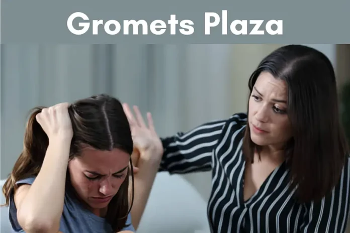 Gromets Plaza Gromets Plaza shows a concerned woman comforting another upset woman holding her head in frustration.