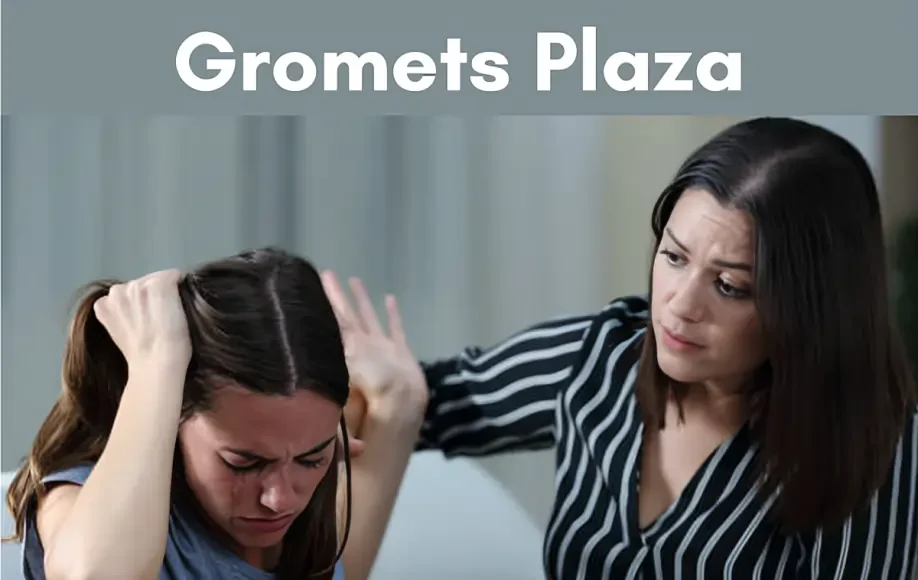 Gromets Plaza shows a concerned woman comforting another upset woman holding her head in frustration.