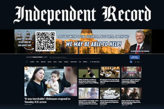 Helenair independent record homepage showing local Montana news headlines and QR code for government assistance