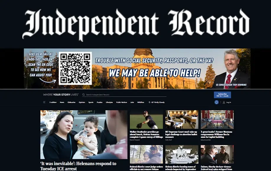 Helenair independent record homepage showing local Montana news headlines and QR code for government assistance