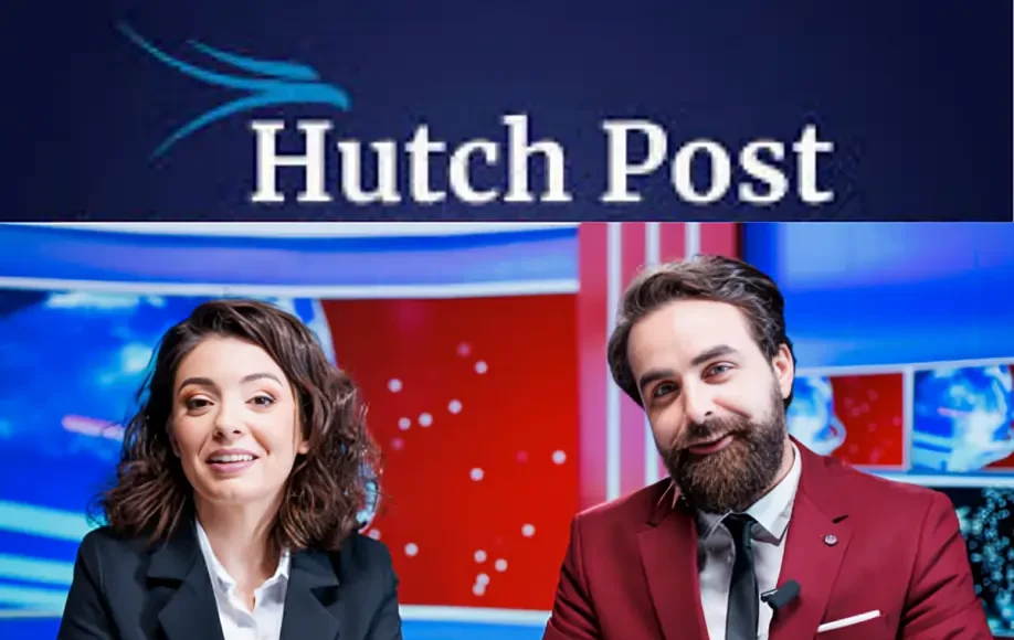 HutchPost news anchors smiling at the news desk with a colorful world map and newsroom background.