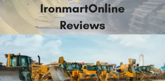 IronmartOnline reviews image showing lineup of used heavy equipment, bulldozers, and trucks on a dirt lot.