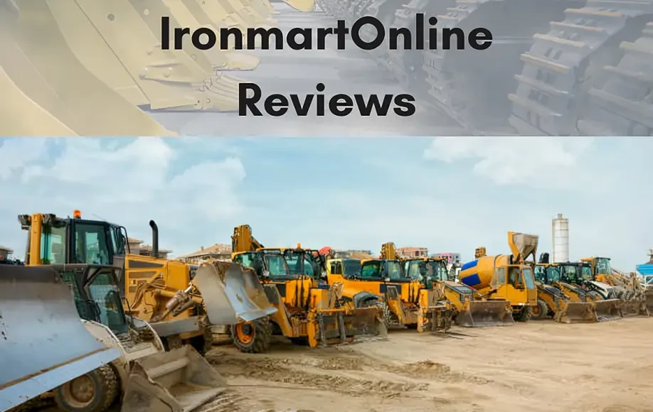 IronmartOnline reviews image showing lineup of used heavy equipment, bulldozers, and trucks on a dirt lot.