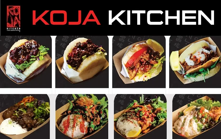 KoJa Kitchen food collage showing Korean-Japanese fusion dishes including rice bowls, tacos, and signature KoJa sandwiches.