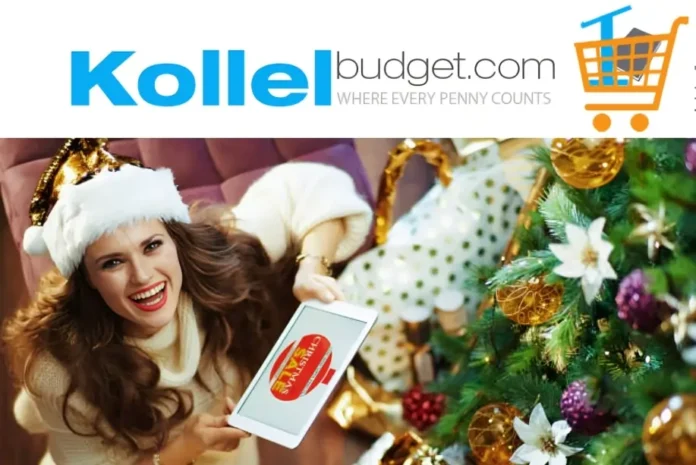 Smiling woman in holiday attire holding a tablet near a Christmas tree with Kollel Budget logo above her.