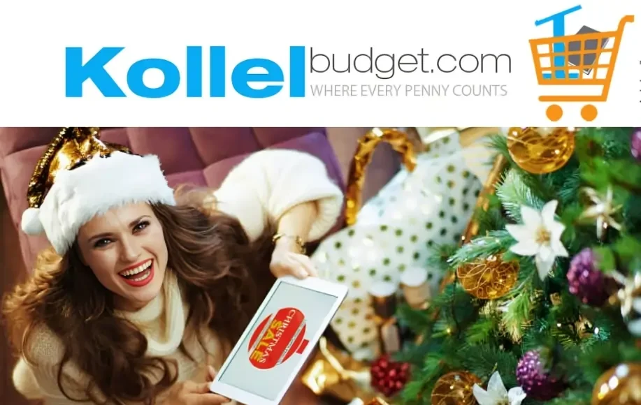 Smiling woman in holiday attire holding a tablet near a Christmas tree with Kollel Budget logo above her.