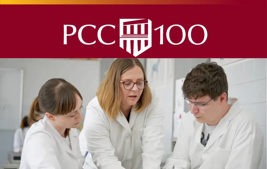 LancerPoint PCC science students and instructor in lab coats conducting research at Pasadena City College.
