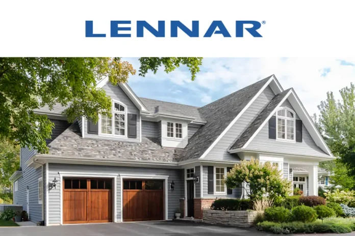 Lennar Homes modern suburban house with two-car garage, landscaped yard, and Lennar Homes logo above.