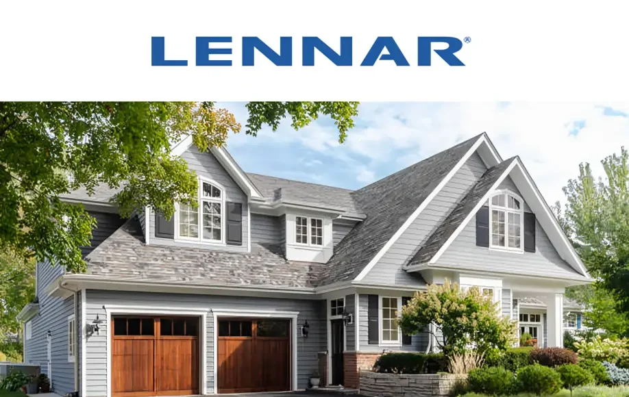 Lennar Homes modern suburban house with two-car garage, landscaped yard, and Lennar Homes logo above.
