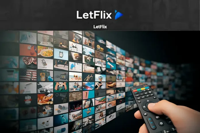 Letflix streaming interface with a hand holding a remote, browsing a large curved wall of thumbnails.