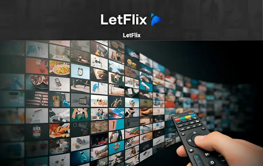 Letflix streaming interface with a hand holding a remote, browsing a large curved wall of thumbnails.