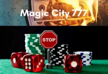 Magic City 777 image showing burning money, casino dice, poker chips, and a stop sign symbolizing gambling risks.