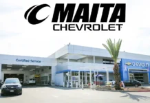 Maita Chevrolet dealership exterior showing service center, certified service area, and customer parking