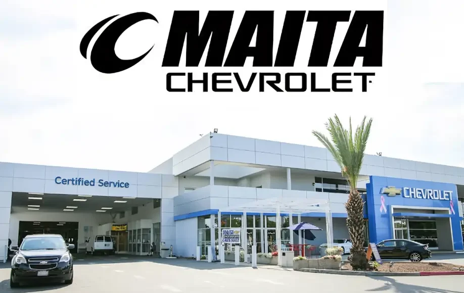 Maita Chevrolet dealership exterior showing service center, certified service area, and customer parking