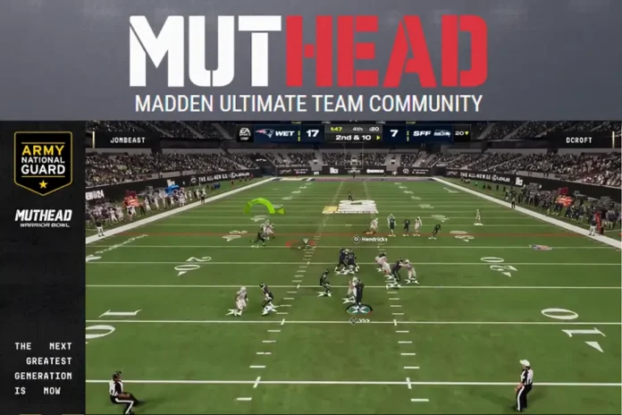 Muthead Madden Ultimate Team game screenshot with scoreboard and Army National Guard sponsorship branding.