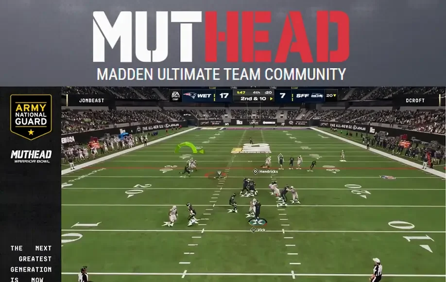 Muthead Madden Ultimate Team game screenshot with scoreboard and Army National Guard sponsorship branding.