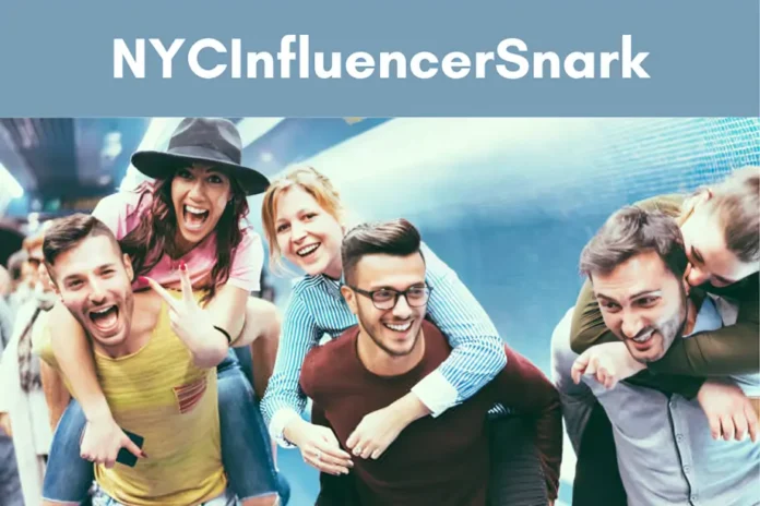 Group of young influencers laughing and piggybacking in NYC subway, reflecting NYCInfluencerSnark vibe and humor.