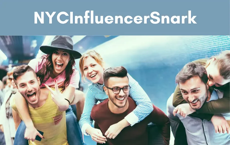 Group of young influencers laughing and piggybacking in NYC subway, reflecting NYCInfluencerSnark vibe and humor.
