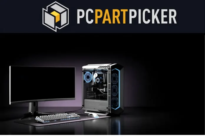 PCPartPicker custom gaming PC setup with RGB desktop, curved monitor, keyboard, and PCPartPicker logo above