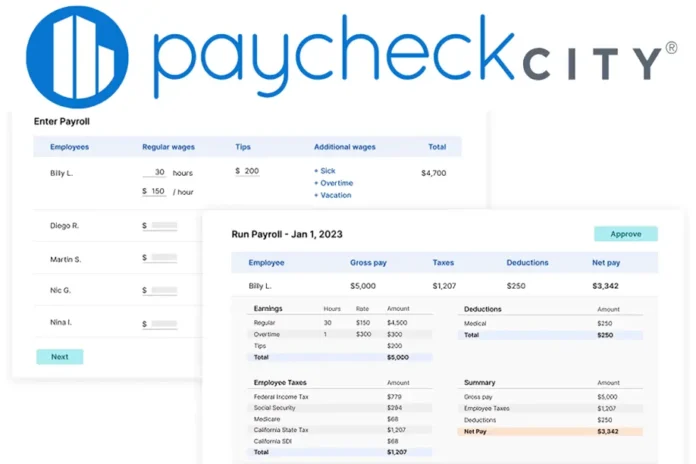 paycheckcity payroll calculator screenshot showing employee wages, deductions, taxes, and net pay summary