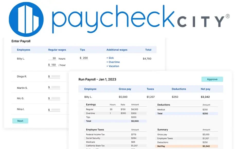paycheckcity payroll calculator screenshot showing employee wages, deductions, taxes, and net pay summary