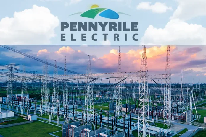 Pennyrile Electric power substation with high-voltage lines and sunset sky, showcasing energy infrastructure in Kentucky.