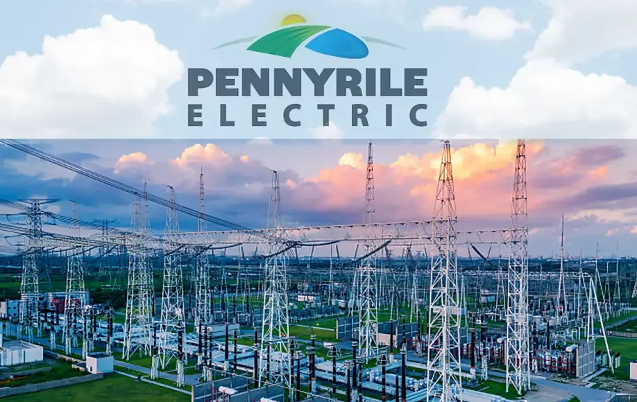 Pennyrile Electric power substation with high-voltage lines and sunset sky, showcasing energy infrastructure in Kentucky.
