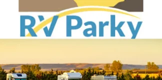 RV Parky logo above a scenic RV campground at sunset, showing three recreational vehicles parked on concrete pads with green grass and distant hills in the background.