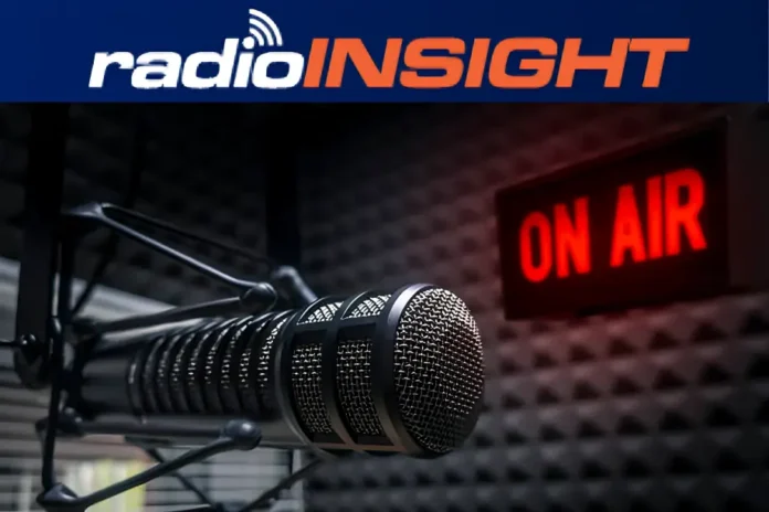 RadioInsight microphone in studio with on air sign glowing for live radio broadcast news and updates