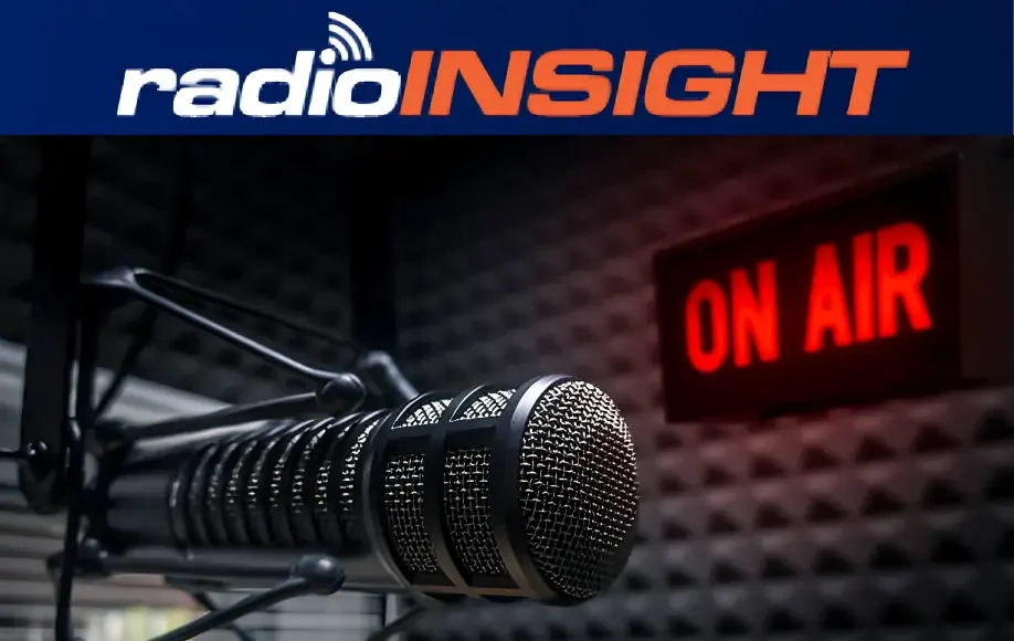 RadioInsight microphone in studio with on air sign glowing for live radio broadcast news and updates