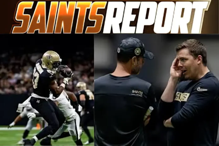 SaintsReport graphic featuring New Orleans Saints player catching pass and coaches discussing strategy on the sideline.