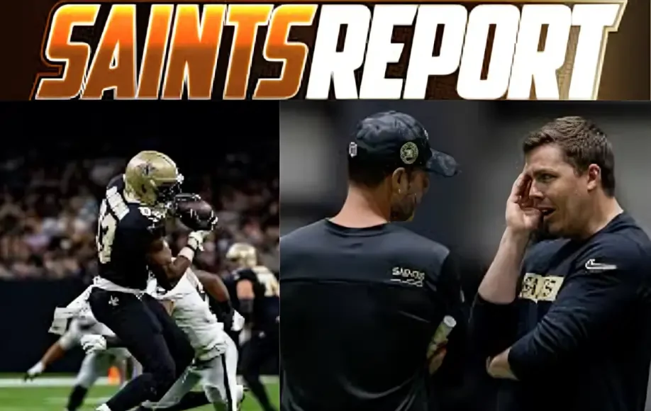 SaintsReport graphic featuring New Orleans Saints player catching pass and coaches discussing strategy on the sideline.