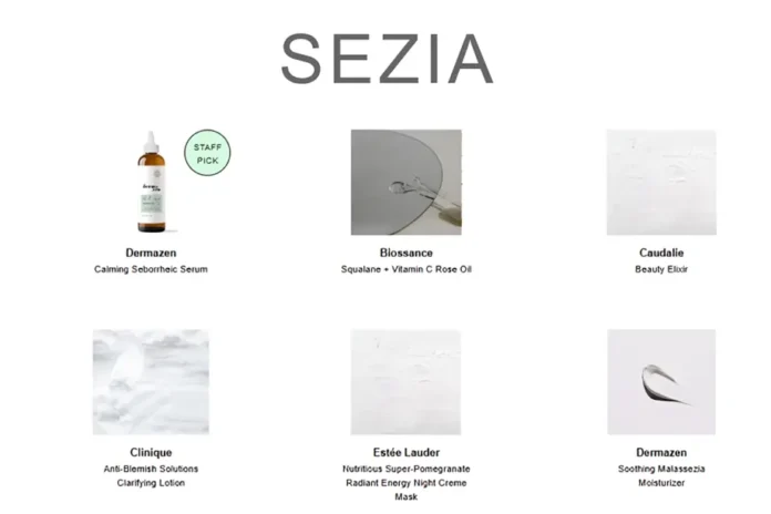 Sezia skincare collection with Dermazen serum, Biossance oil, Caudalie elixir, Clinique lotion, Estée Lauder mask