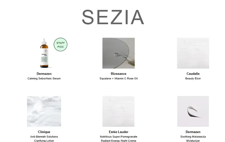 Sezia skincare collection with Dermazen serum, Biossance oil, Caudalie elixir, Clinique lotion, Estée Lauder mask
