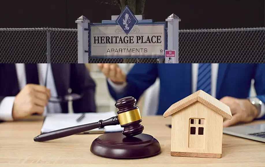 Steubenville Heritage Place Lawsuit with apartment sign, gavel, and lawyers discussing housing dispute settlement.