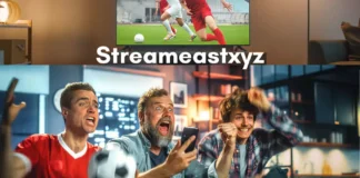 Three excited friends watch a soccer match on TV with snacks and drinks, celebrating with Streameastxyz streaming service.