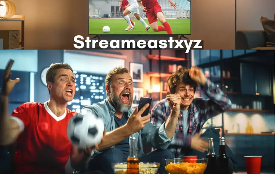 Three excited friends watch a soccer match on TV with snacks and drinks, celebrating with Streameastxyz streaming service.