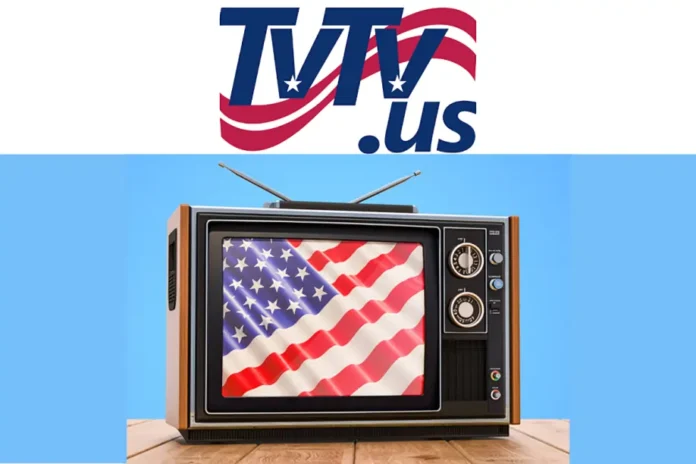 TvTv US logo above a vintage TV displaying the American flag on a wooden table with blue background.
