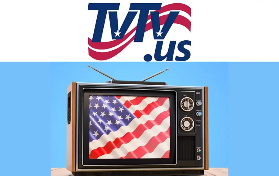 TvTv US logo above a vintage TV displaying the American flag on a wooden table with blue background.